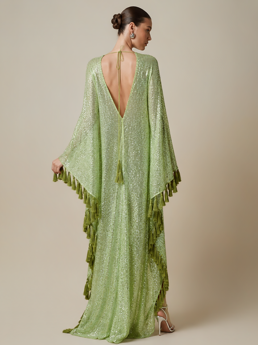ShimmerDrift – Sequined Fringe-Trim Plunge V-Neck Maxi Kaftan Dress