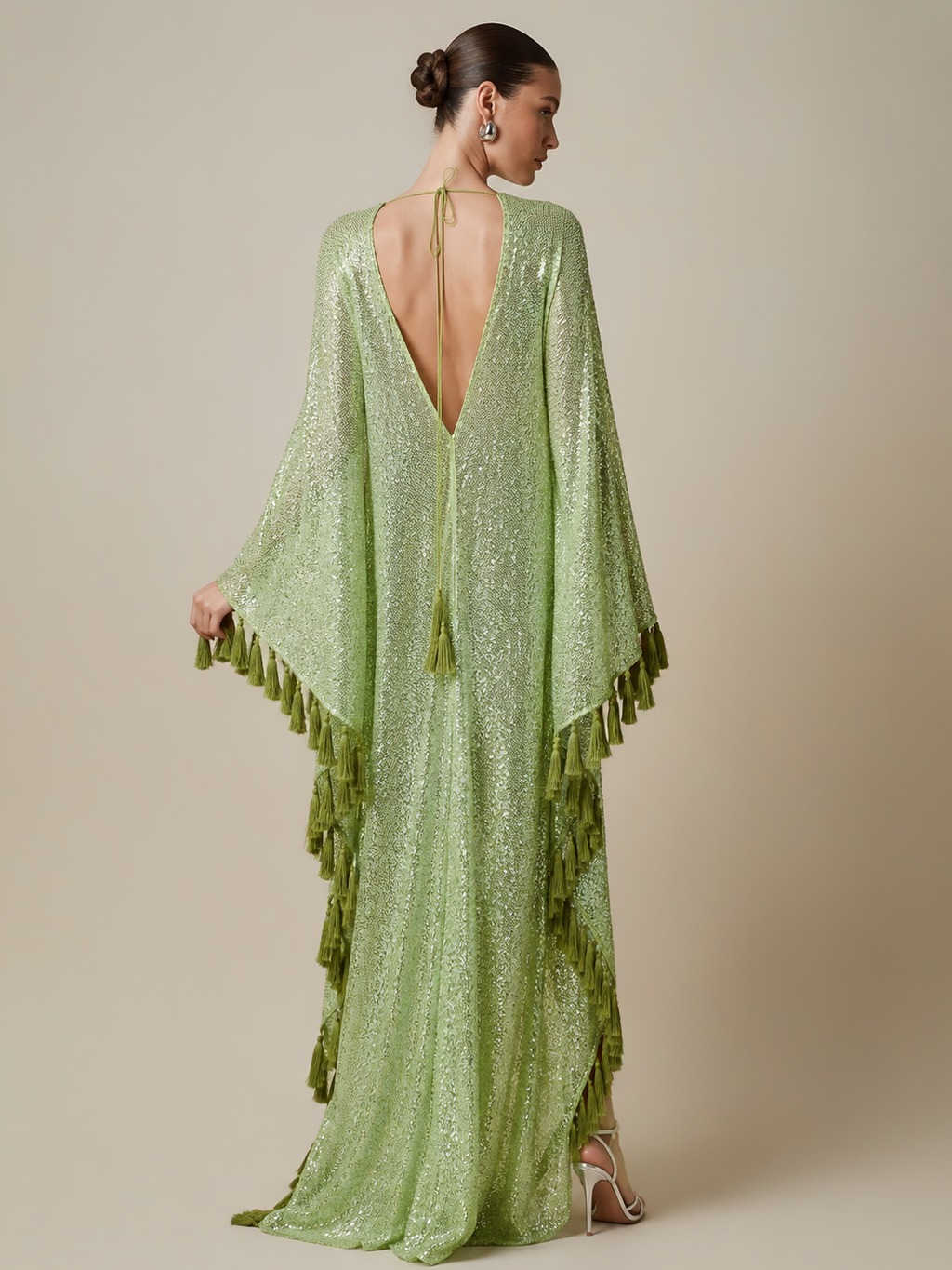 ShimmerDrift – Sequined Fringe-Trim Plunge V-Neck Maxi Kaftan Dress
