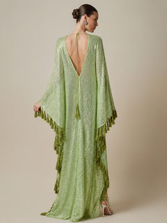 ShimmerDrift – Sequined Fringe-Trim Plunge V-Neck Maxi Kaftan Dress