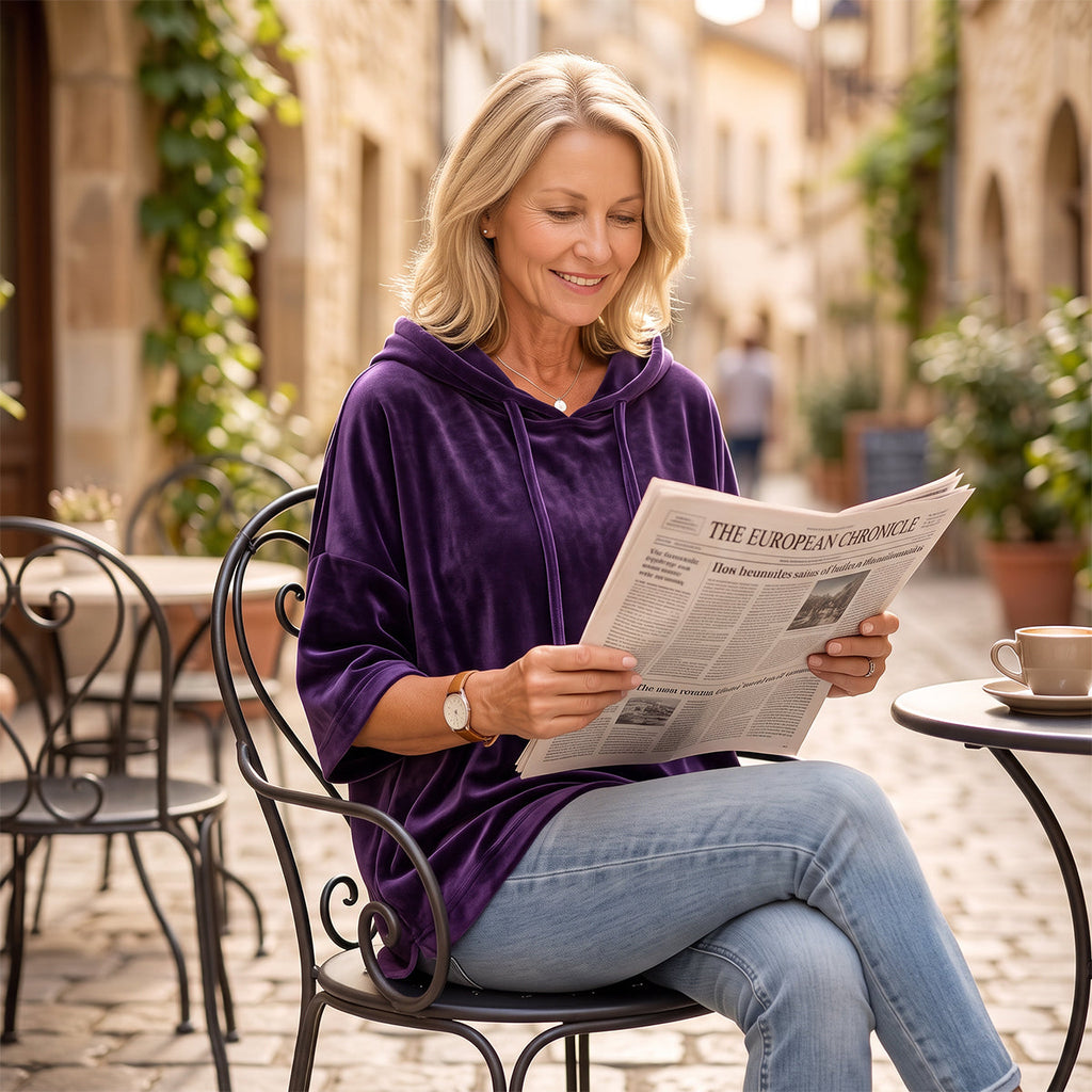 PlushDrape – Women's Velour Oversized Hoodie with 3/4 Sleeves