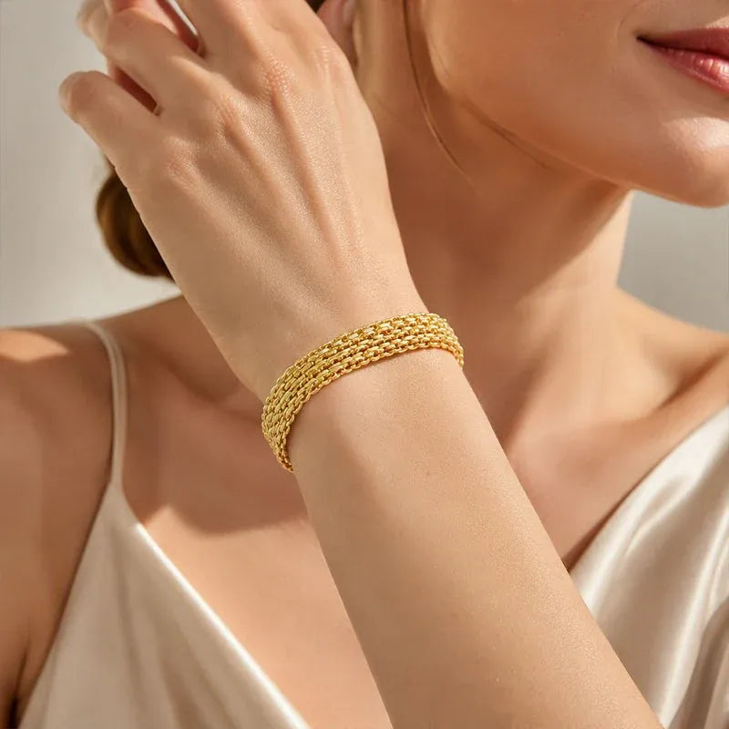 AuraWeave – 📢📢 ⏰14K Gold-Plated Wide Woven Mesh Bracelet