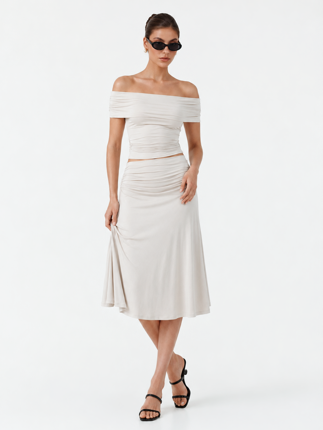 MilayaSculpt – Off-the-Shoulder Ruched Top & Midi Skirt Set