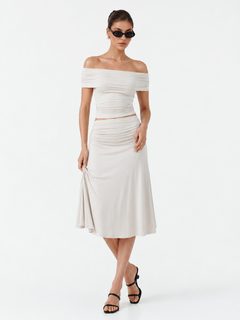 MilayaSculpt – Off-the-Shoulder Ruched Top & Midi Skirt Set