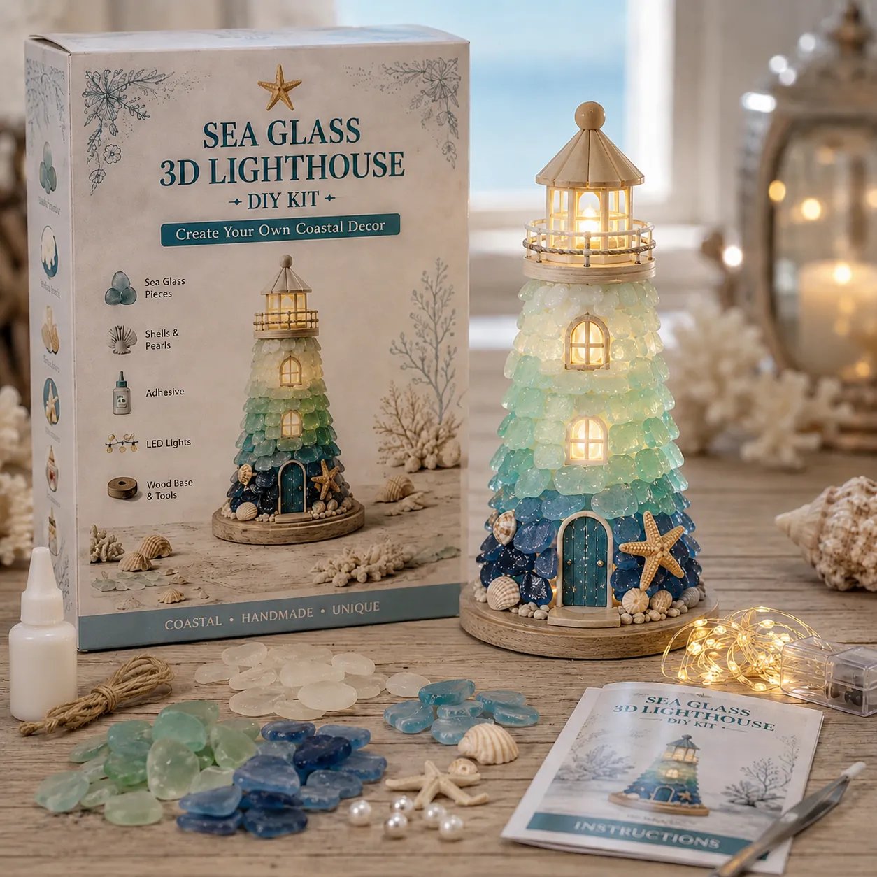 GlowHarbor – ⏳ 🌊 Beginner-Friendly DIY Lighted Sea Glass-Style Lighthouse Kit with LED Lights & Step-by-Step Guide 💕