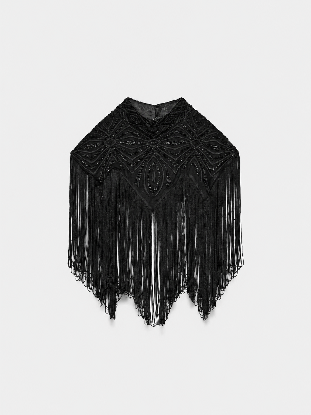 FringeNoir – Embellished Fringe Cape Top with Structured Shoulders