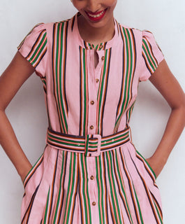 Pink Striped Belted Linen Blend Dress