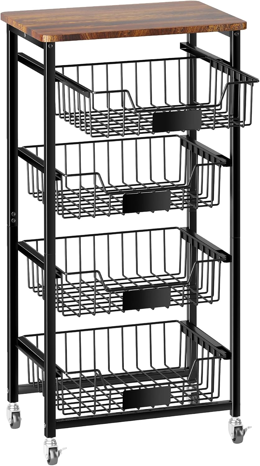 PantryRoll – Rolling Kitchen Storage Cart with Pull-Out Fruit Baskets and Wood Top