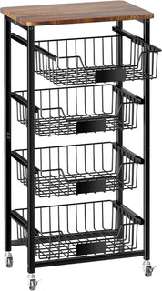 PantryRoll – Rolling Kitchen Storage Cart with Pull-Out Fruit Baskets and Wood Top
