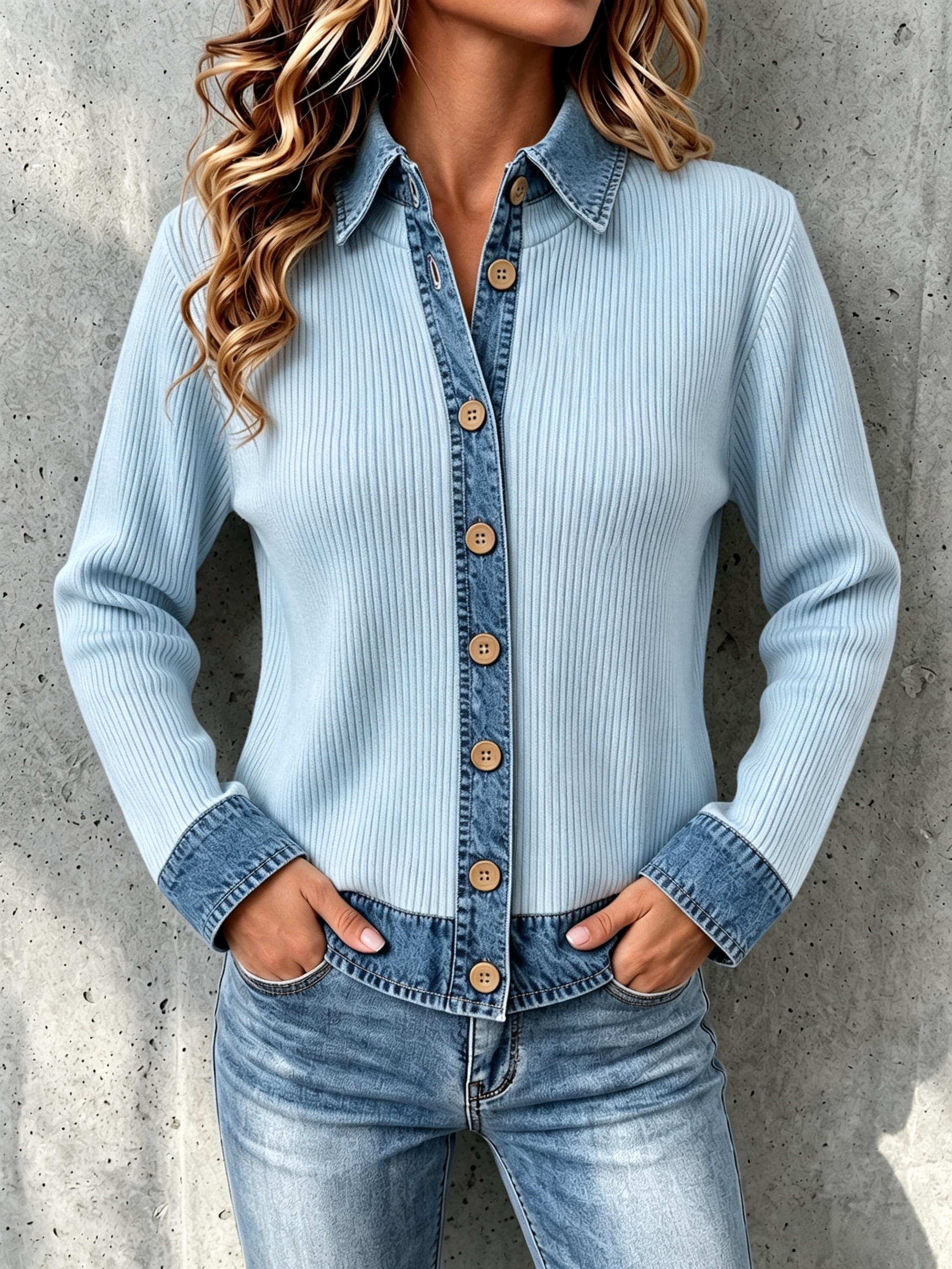 DenimEase – Women's Denim-Paneled Knit Cardigan