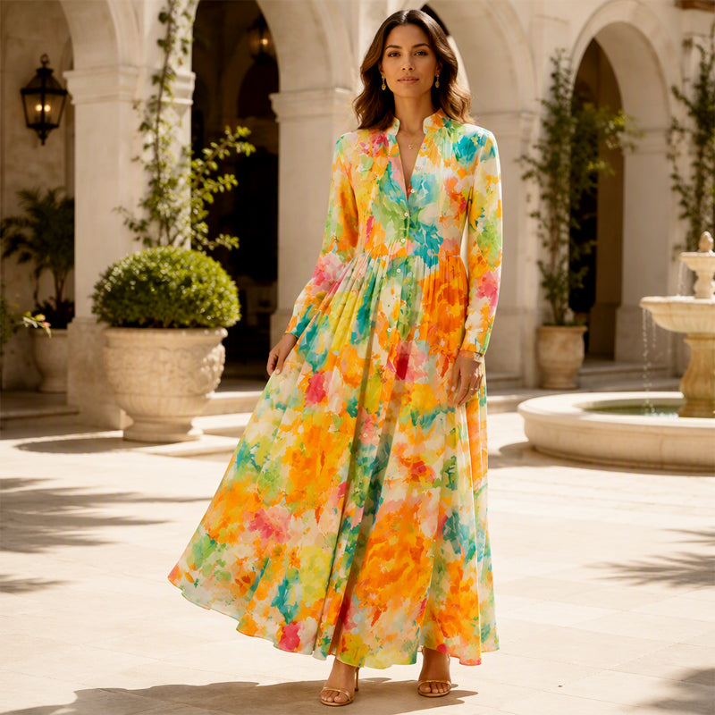 CanvasFlow – Women's Artistic Print Long-Sleeve Maxi Dress