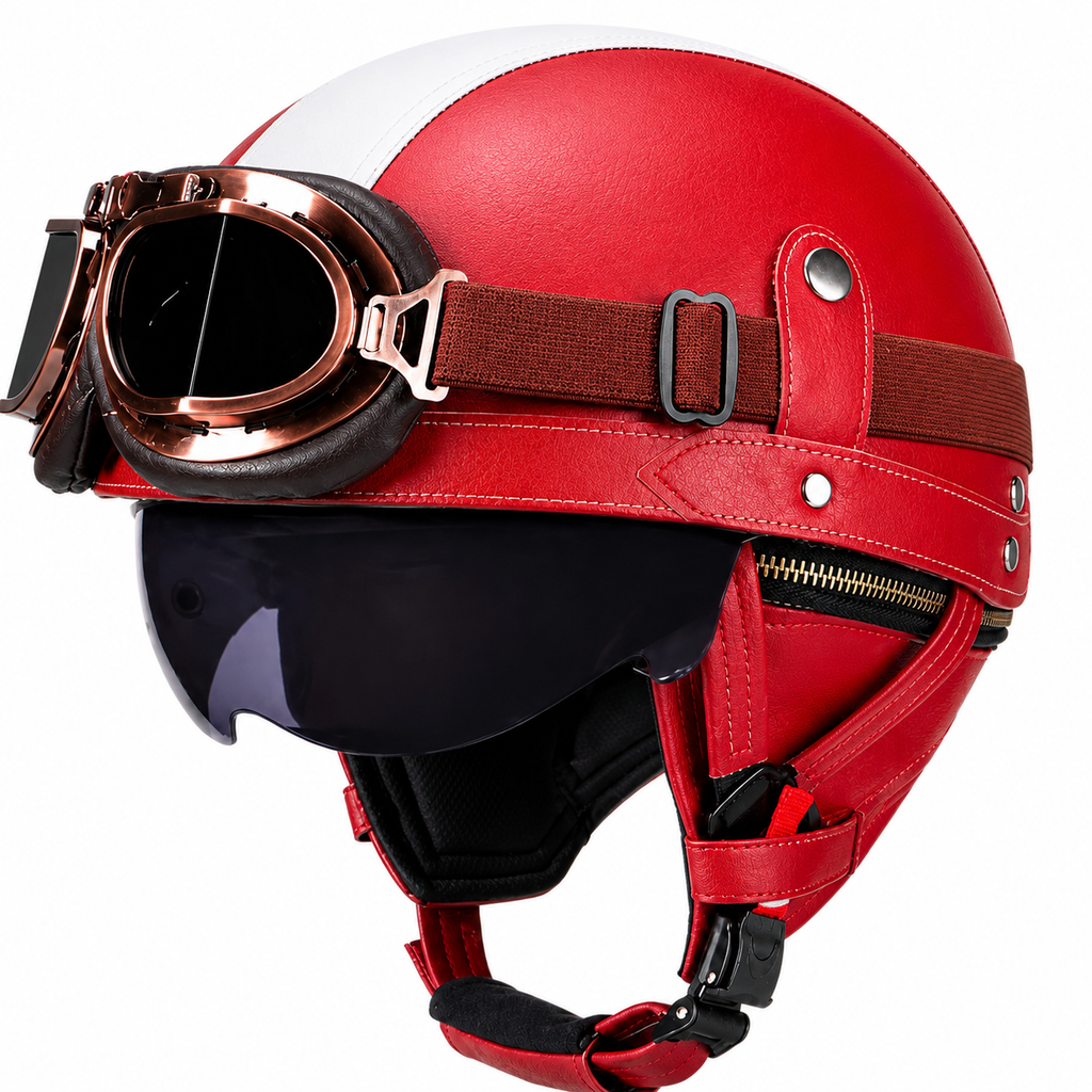 AviatorRide – Vintage PU Leather DOT Motorcycle Half Helmet with Goggles