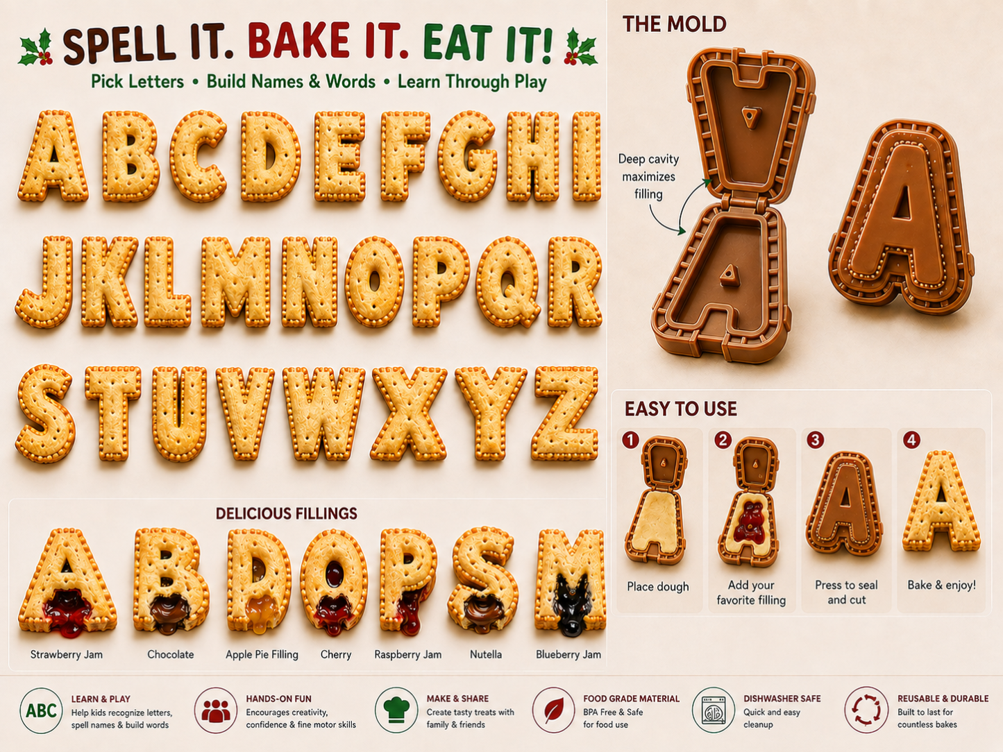 ⏳ Last Day 49% OFF –🎄A–Z Alphabet Mini Pie Mold Collection | 26 Reusable Letter Molds for Spelling Names, Learning Through Play & Making Filled Mini Pies🥧✨