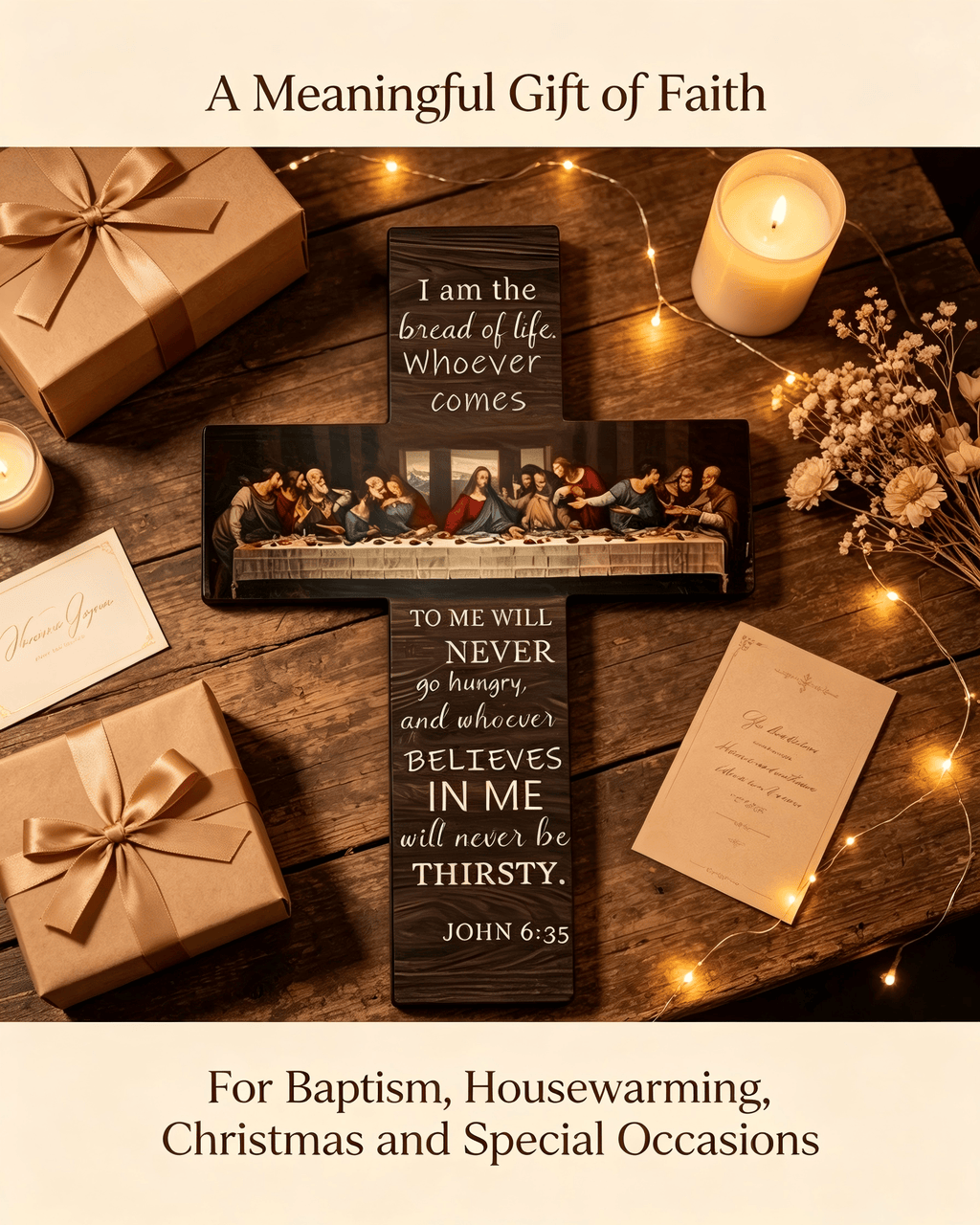 SupperCross – The Last Supper Vintage Wooden Cross Wall Decor with John 6:35 Scripture