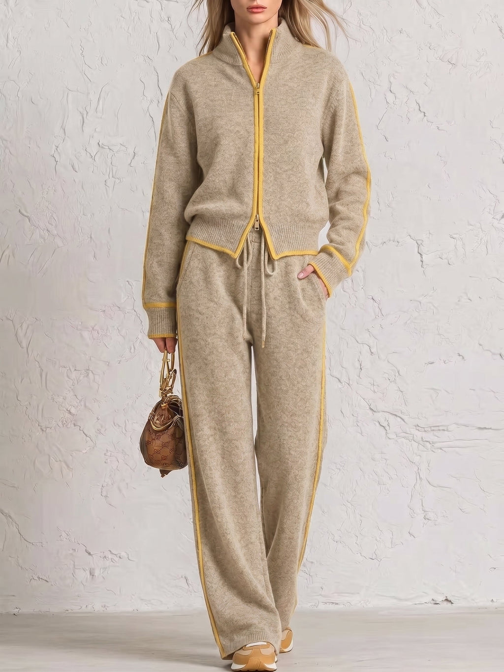 KnitEase – 🤲⏰ Textured Knit Two-Piece Set with Free Handbag
