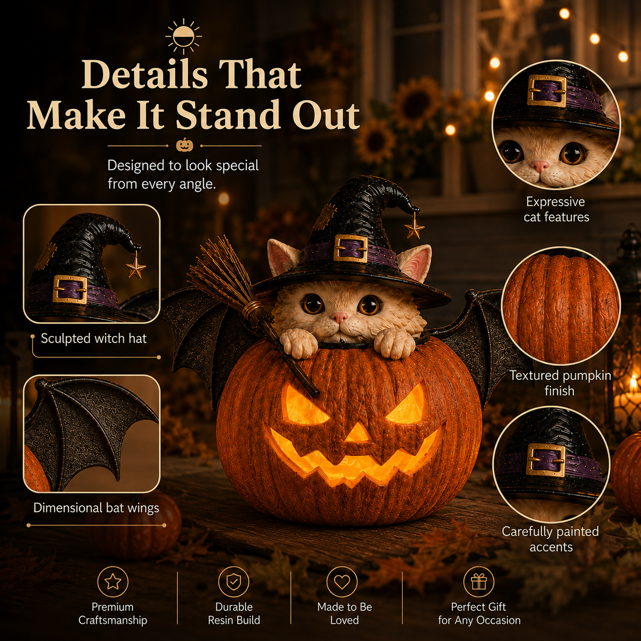 WitchCatGlow – Flickering LED Pumpkin Decor with Daily Timer