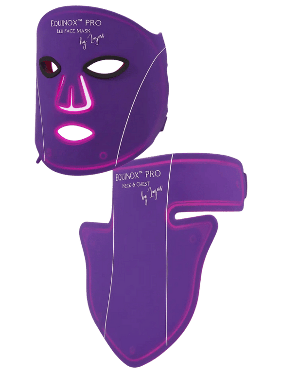 Purple Equinox Pro LED face mask and matching neck and chest attachment glowing pink