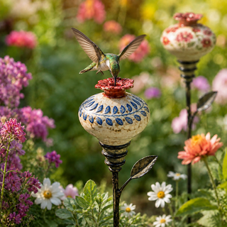 NectarCharm – Vintage Ceramic Hummingbird Feeder Garden Stake