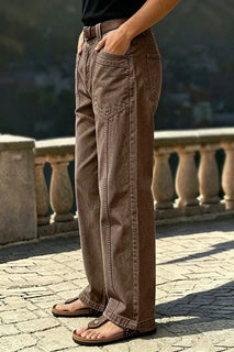 StitchLine – 🔥 Solid Stitch Detail Patch Pocket Mid-Rise Straight-Leg Pants