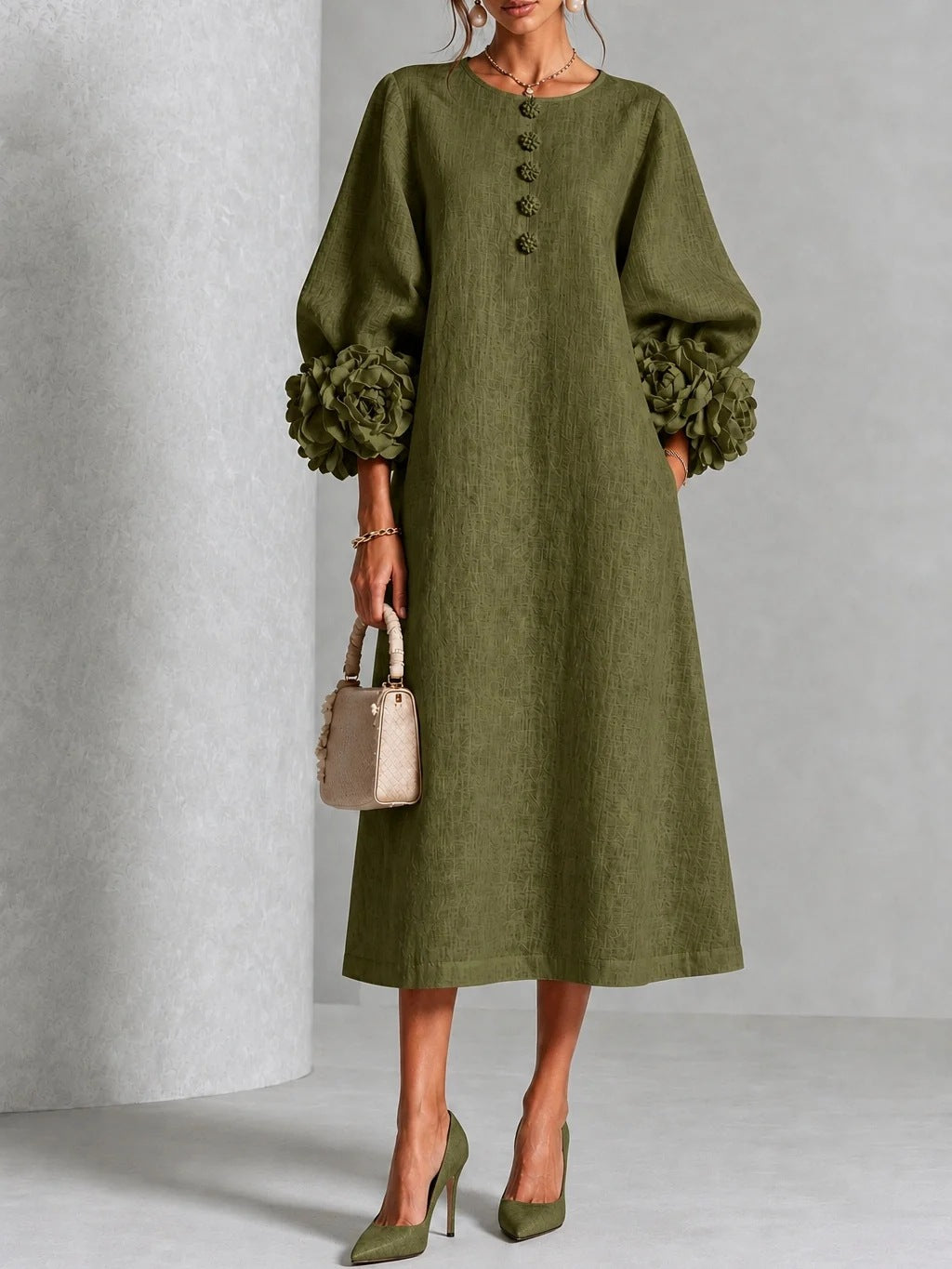 RosetteEase – 🤲 ⏰3D Floral Cuff A-Line Dress with Free Handbag