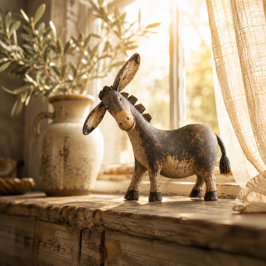 Alternate view of the rustic donkey farmhouse figurine