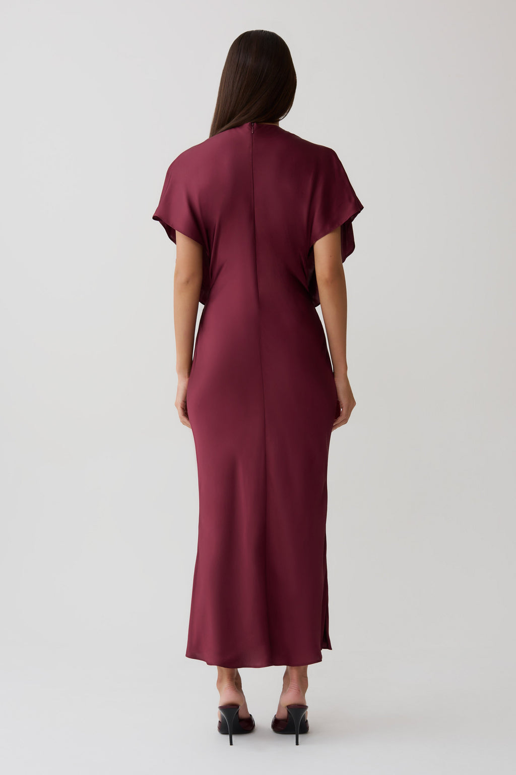 SatinDrape – Burgundy Cut-Out Satin Midi Dress