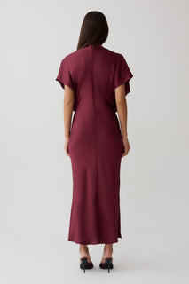 SatinDrape – Burgundy Cut-Out Satin Midi Dress