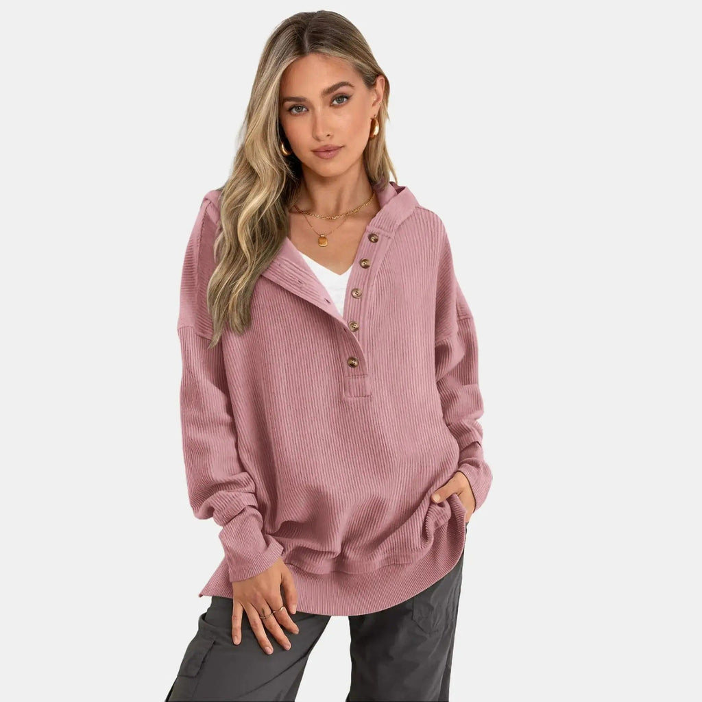 LayerEase – Women’s Oversized Button V-Neck Hoodie with Side Slits