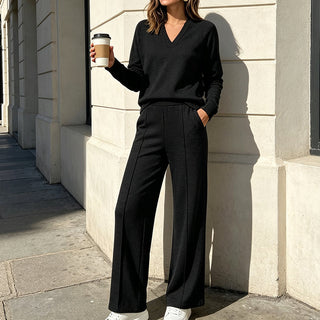 EaseLuxe – 👚Women's Casual V-Neck Top & Wide-Leg Pants Set