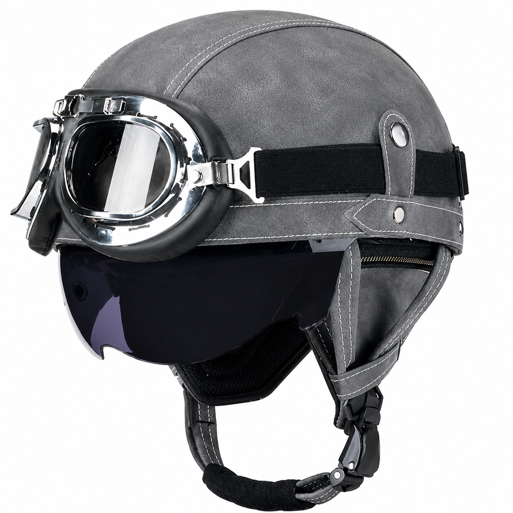 AviatorRide – Vintage PU Leather DOT Motorcycle Half Helmet with Goggles