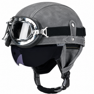 AviatorRide – Vintage PU Leather DOT Motorcycle Half Helmet with Goggles