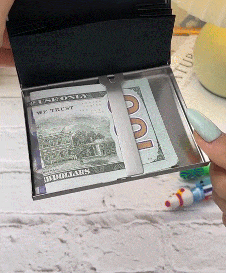 Metal card holder storing cards and folded cash