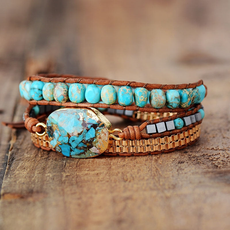 TurquoiseTrail – Turquoise & Imperial Jasper Three-Layer Healing Wrap Bracelet