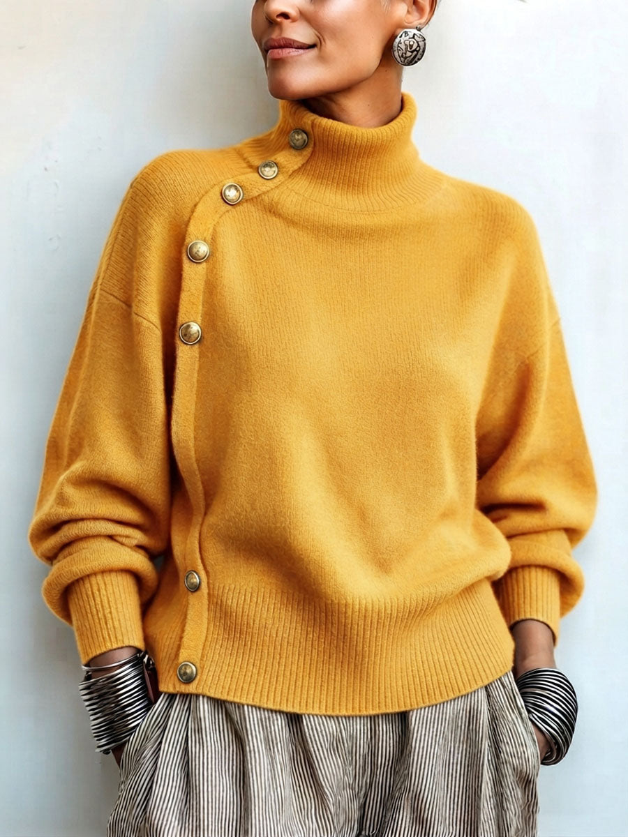 GoldDrape – 🤲 ⏰ Asymmetrical Gold-Button Knit Sweater