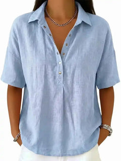 BreezeLinen – Women's Classic Collared Short-Sleeve Linen-Blend Shirt