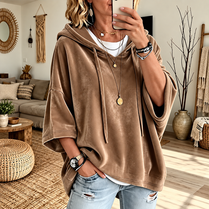 PlushDrape – Women's Velour Oversized Hoodie with 3/4 Sleeves