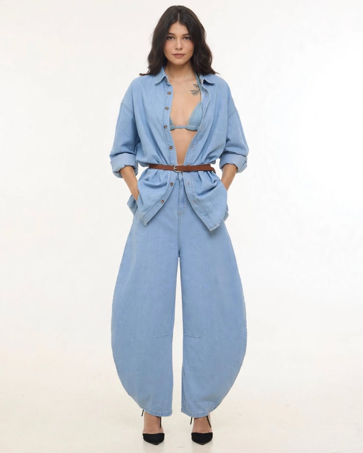 BarrelBloom – High-Rise Barrel Cut Wide-Leg Denim