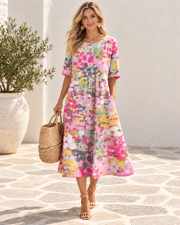 BloomWash – Watercolor Floral Milk Silk Dress