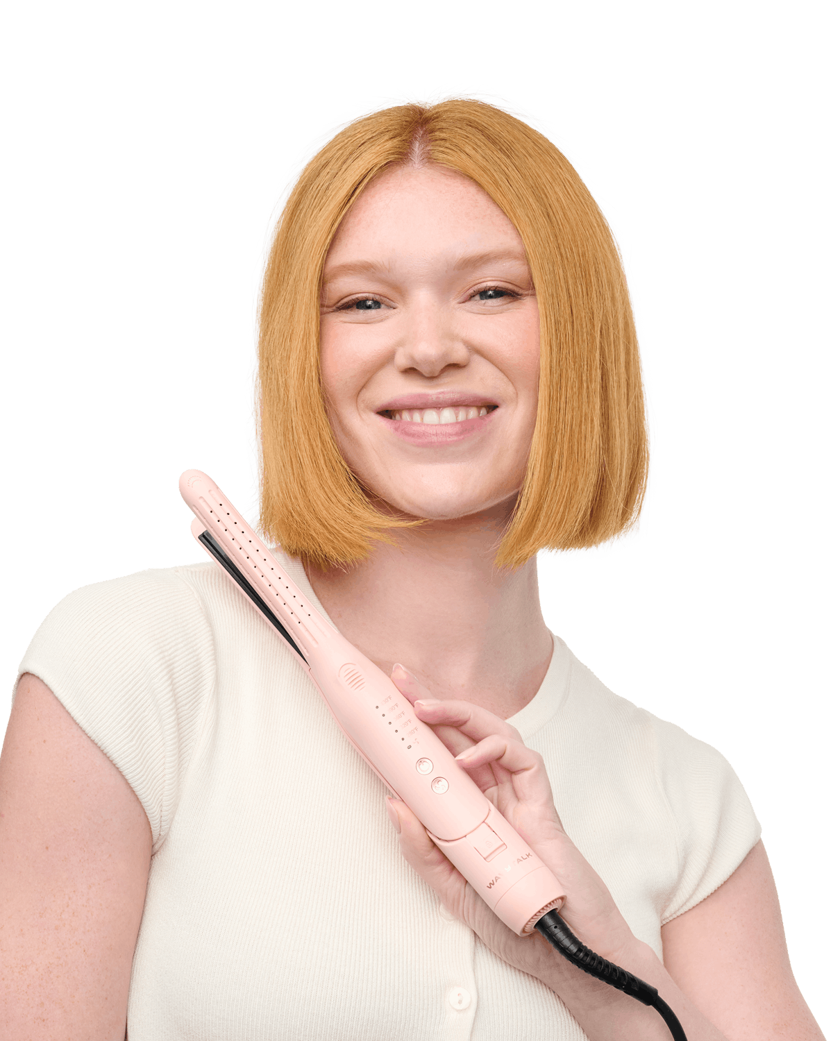Woman with a pink hair straightener on a black background