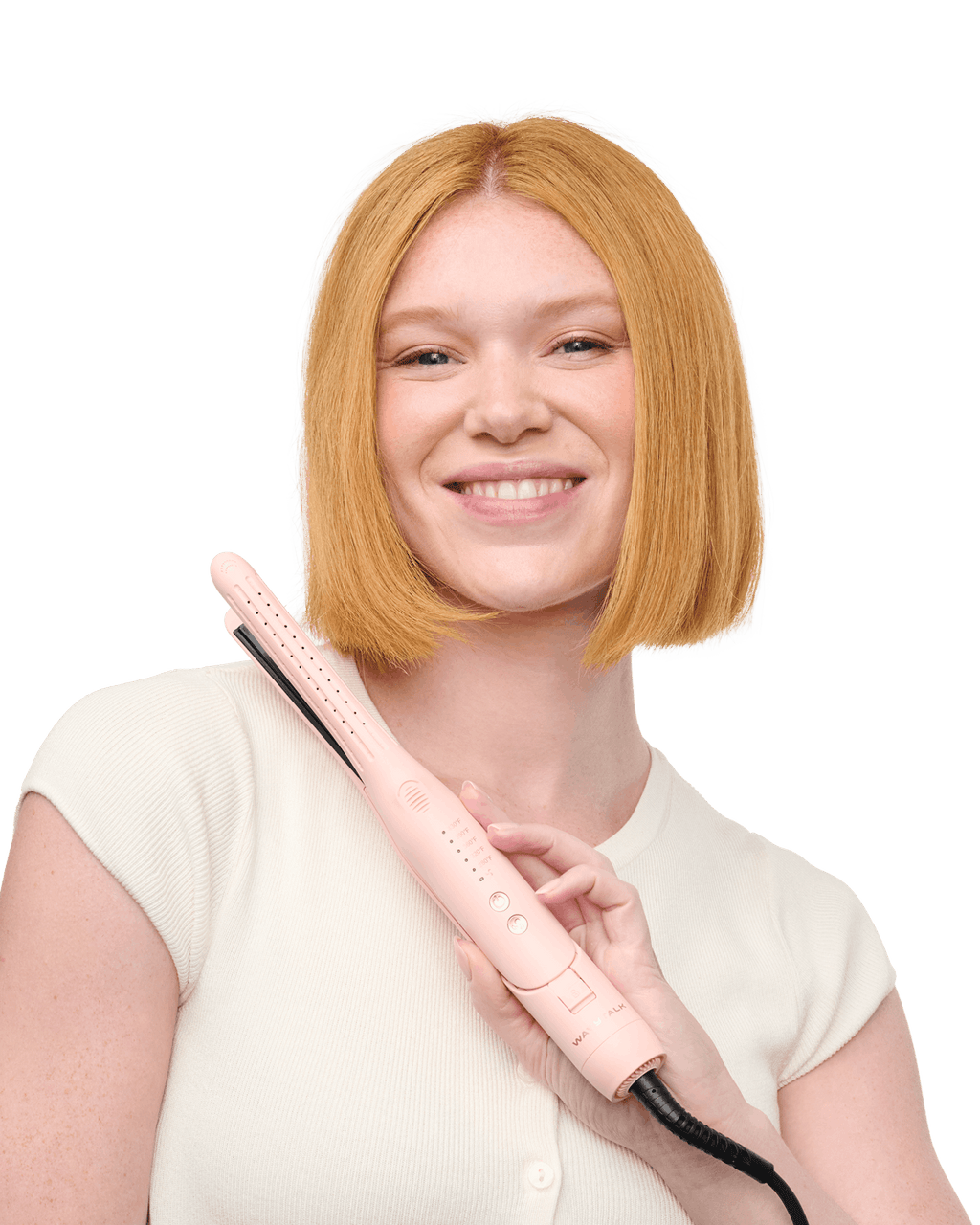 Woman with a pink hair straightener on a black background