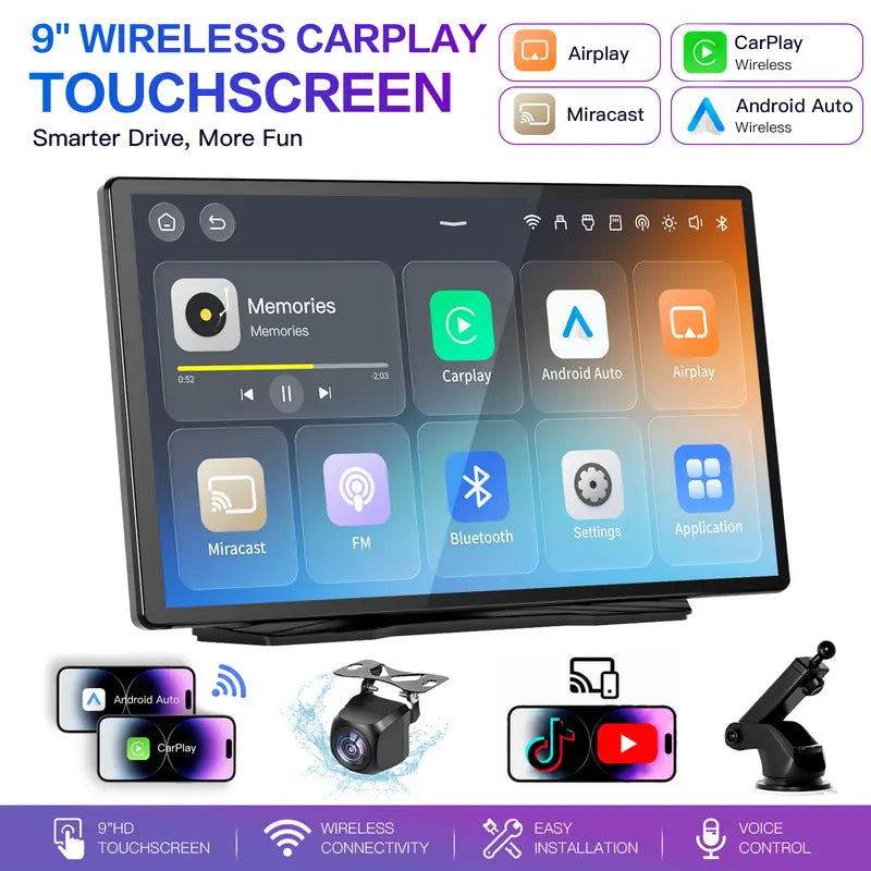 DashLink – 9" Wireless CarPlay & Android Auto Portable Touchscreen with GPS, Mirror Link, Voice Control & Rearview Camera Support