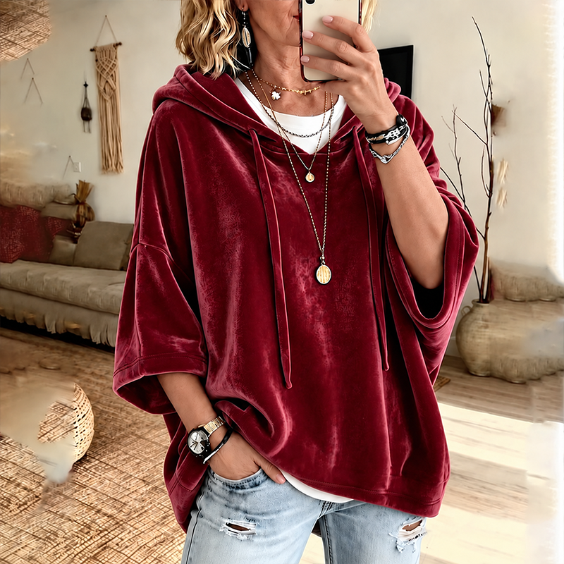 PlushDrape – Women's Velour Oversized Hoodie with 3/4 Sleeves