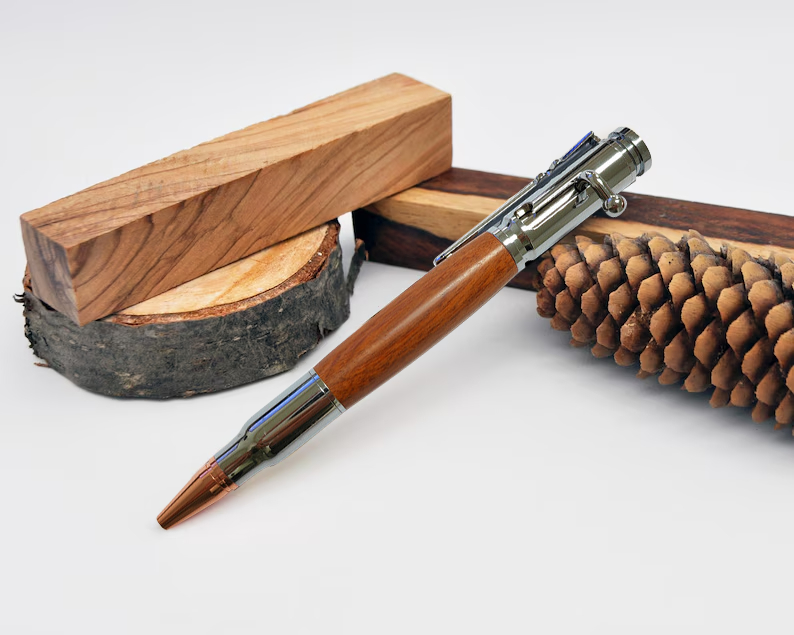 BoltScribe – 🖊Handcrafted by Jake Wilson🖊 Bolt-Action Wooden Bullet Pen Crafted from Real Wood & Bullet Casing