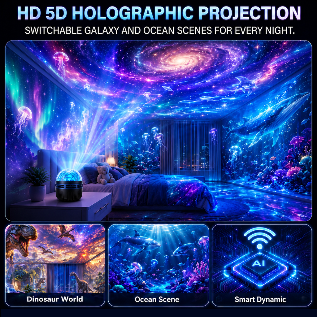 🦖🎁StarDrift – 360° Smart Holographic Starry Sky Projector (HD Smart Dynamic 5D)