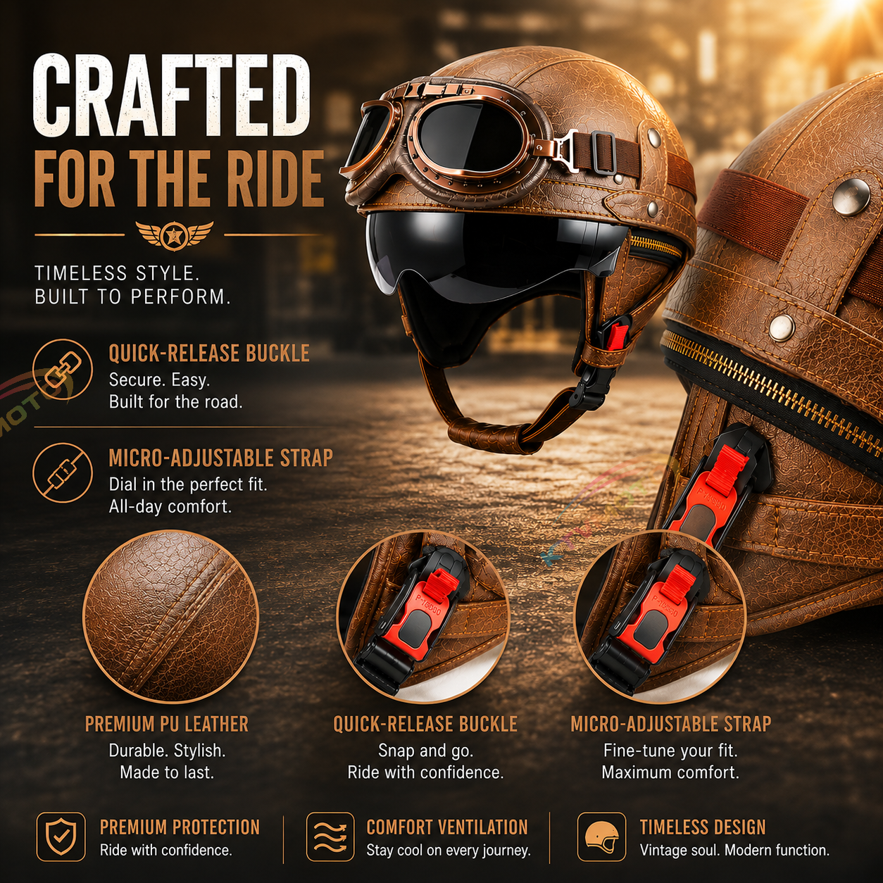 AviatorRide – Vintage PU Leather DOT Motorcycle Half Helmet with Goggles