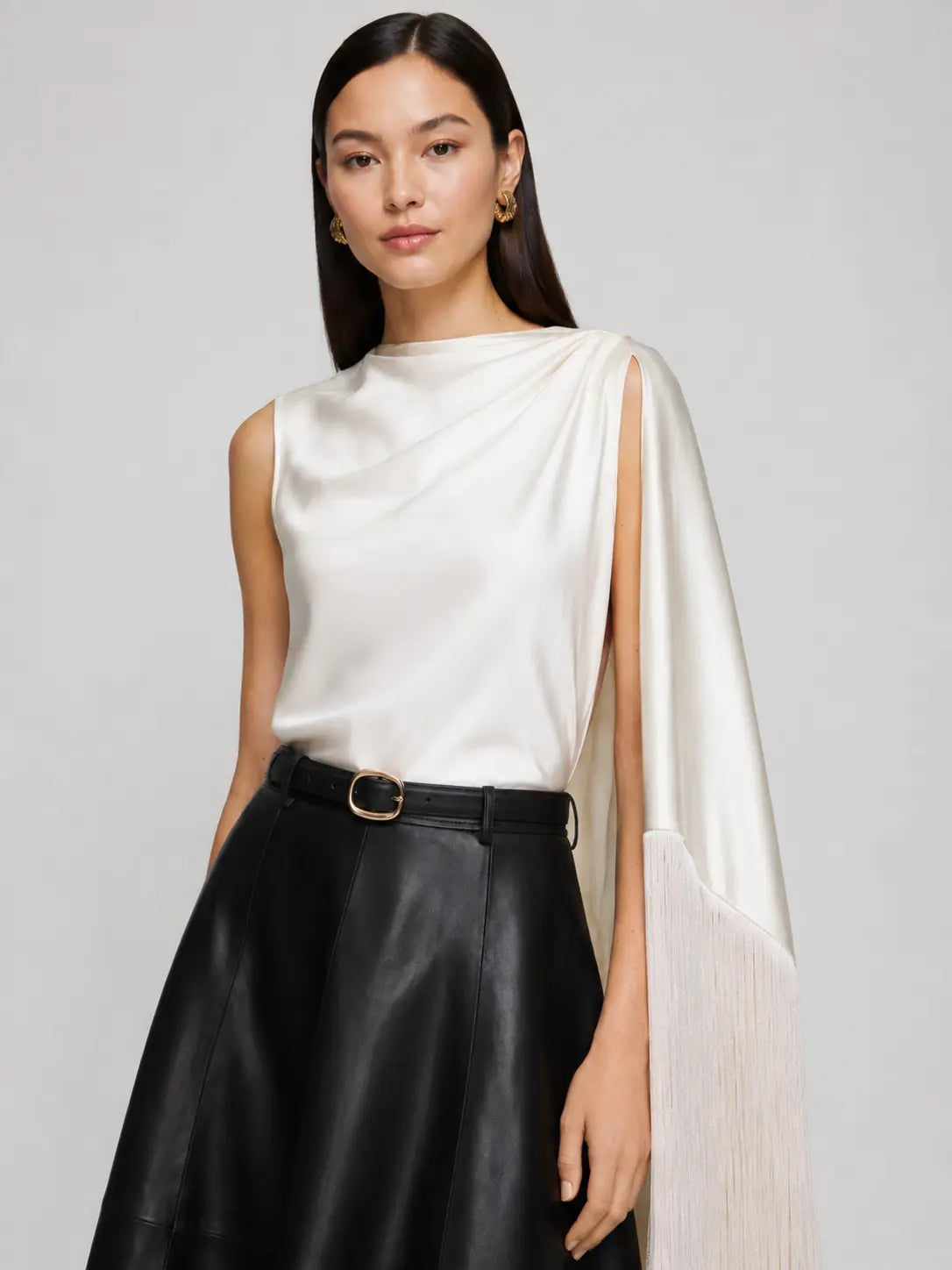 FringeFlow – Asymmetric Fringe Drape Top