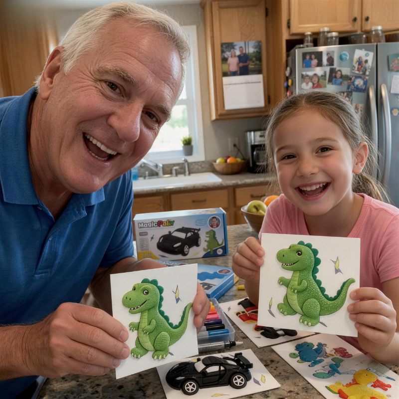 Grandma and grandchild enjoying 3D puff painting kit