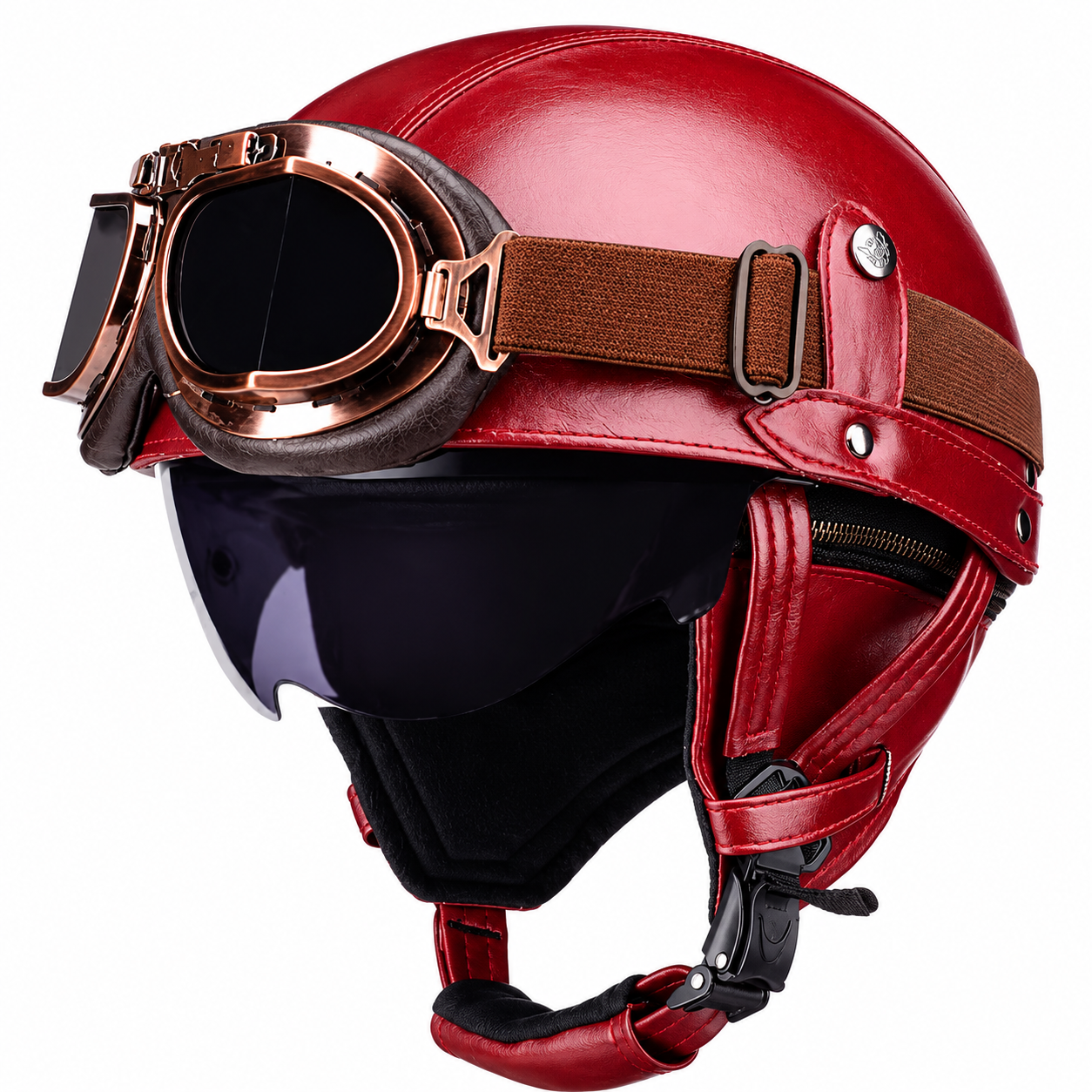 AviatorRide – Vintage PU Leather DOT Motorcycle Half Helmet with Goggles