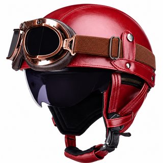 AviatorRide – Vintage PU Leather DOT Motorcycle Half Helmet with Goggles
