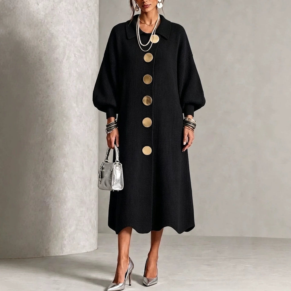 LanternLuxe – 🤲⏰ Long-Sleeve Knit Midi Dress with Large Metal Buttons, Lapel Collar & Lantern Sleeves