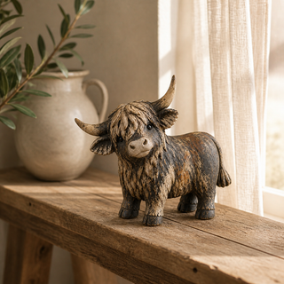 🐮 CuriousCoo – Rustic Highland Cow Figurine for Charming Farmhouse Tabletop Decor